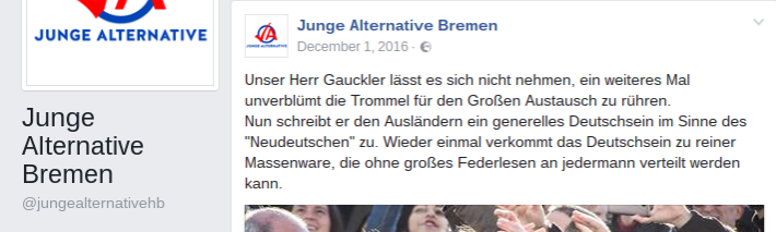 Facebook-Beitrag der JA Bremen vom 1. Dezember 2016 über den angeblichen Großen Austausch
