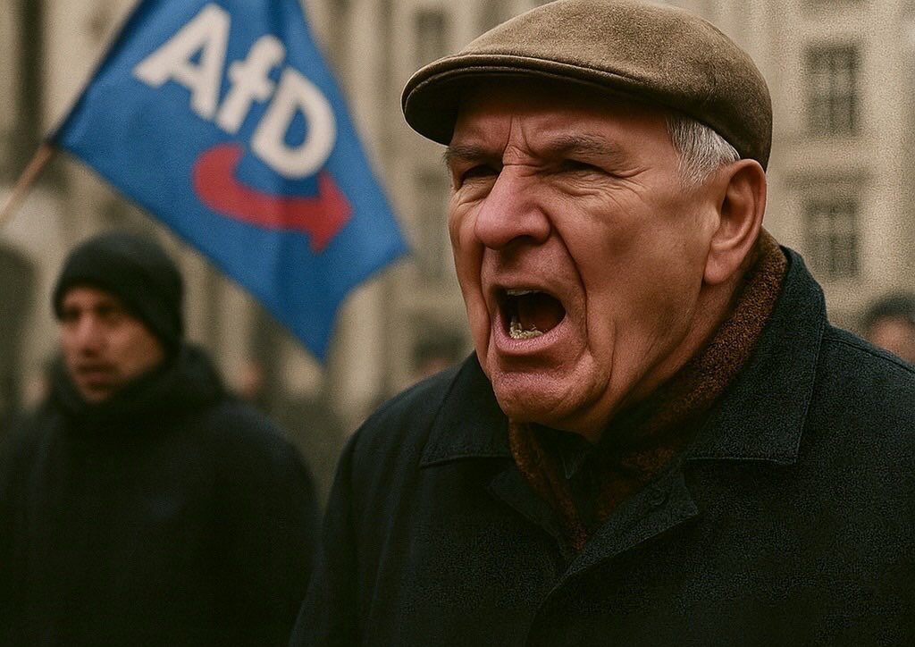 Symbolische Darstellung eines Mannes mit geöffnetem Mund vor einer AfD-Fahne.