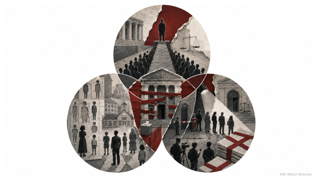 Symbolische Illustration: Eine überhöhte Führungsperson, ein versperrtes Parlamentsgebäude und eingeschränkte Öffentlichkeit veranschaulichen autoritäre Macht und gesellschaftliche Kontrolle.
