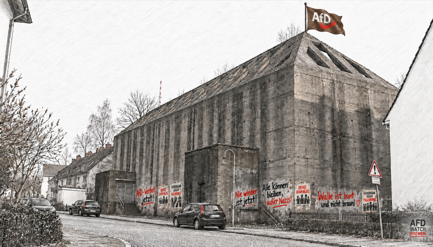 Bleistiftillustration des Bunkers F76 an der Grenzstraße in Bremen-Walle mit symbolisch ergänzter brauner AfD-Fahne auf dem Dach sowie antifaschistischen Sprühparolen und illustrierten Protestplakaten in erreichbarer Höhe am Fuß der Fassade; davor stehen drei parkende Autos.