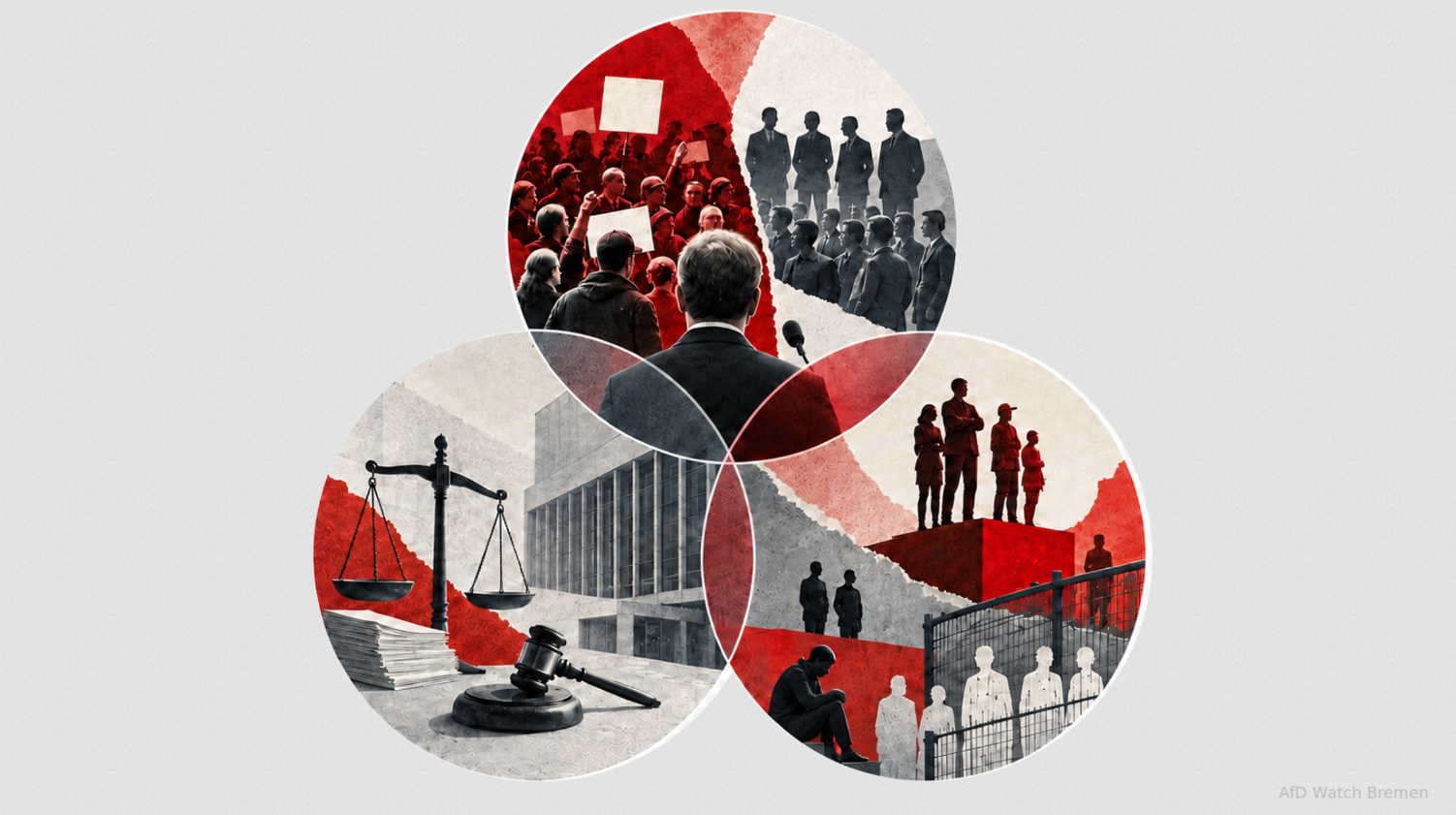 Symbolische Illustration mit drei überlappenden Bildfeldern: politische Mobilisierung, Justiz und die Ausgrenzung von Menschen.