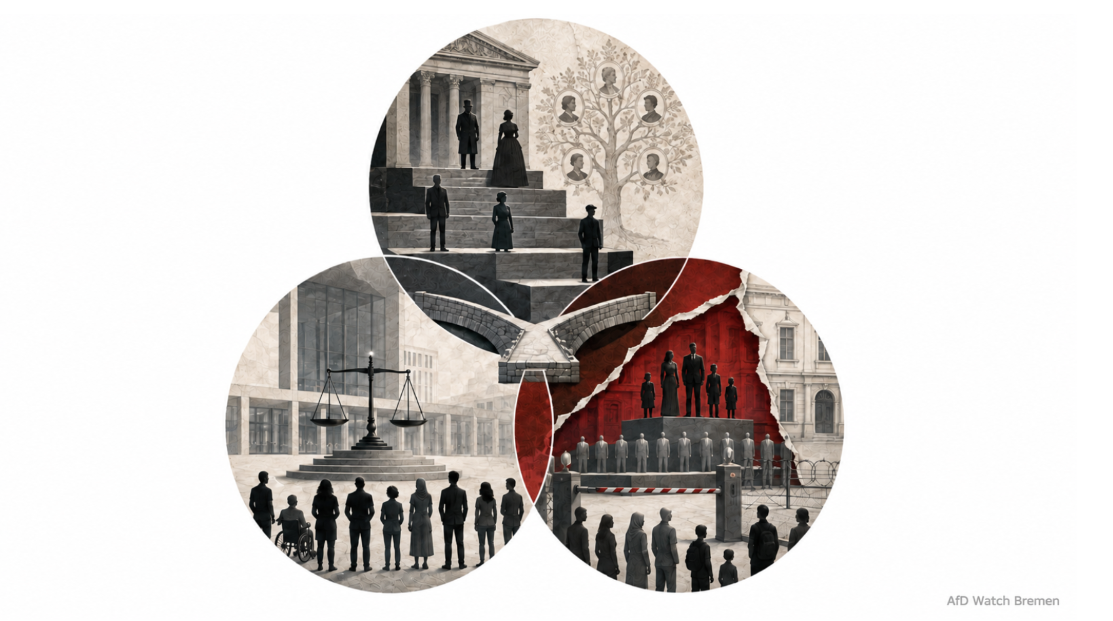 Symbolische Illustration: Drei verbundene Kreise zeigen gesellschaftliche Hierarchie, Gleichheit vor dem Recht und eine durch Grenzen abgeschottete Ordnung.