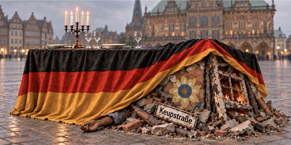 Symbolische Illustration vor dem Bremer Rathaus: Ein festlich gedeckter Tisch mit Deutschlandfahne verdeckt Brandtrümmer, eine Sonnenblume, das Straßenschild Keupstraße und einen reglosen Arm.