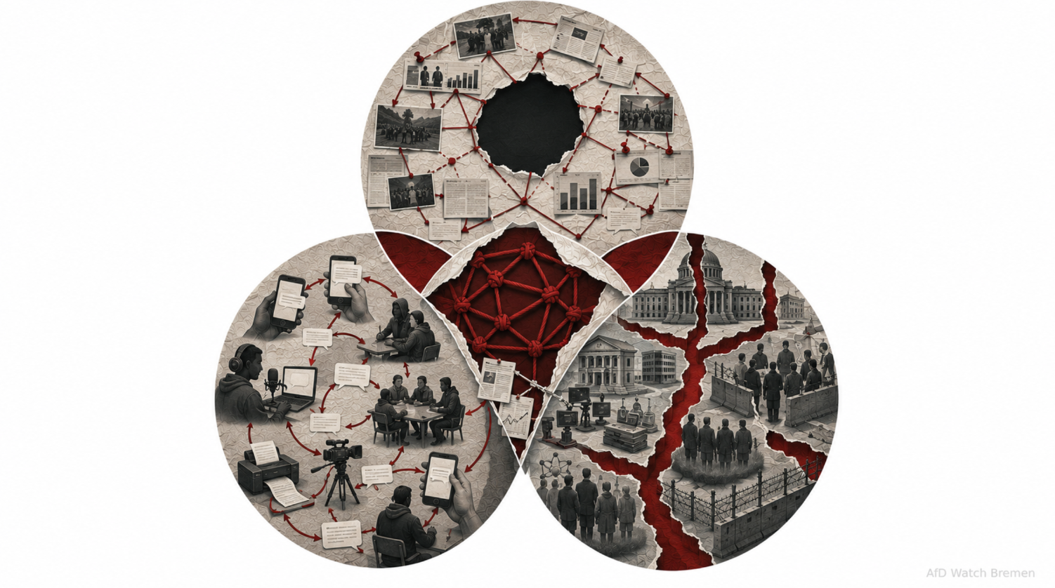 Symbolische Collage: Dokumente, digitale Kommunikation und gesellschaftliche Institutionen sind durch rote Fäden und ein zentrales Knotengeflecht verbunden.