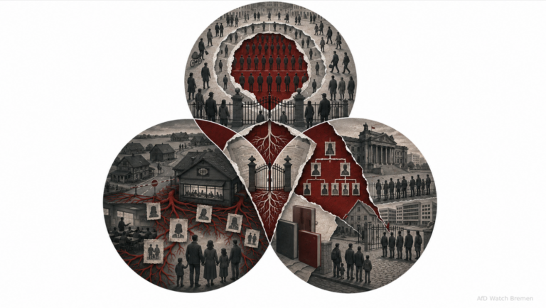 Symbolische Collage: Menschen hinter Abgrenzungen, ein Dorf mit Wurzeln und Familienbildern sowie ein Stammbaum vor staatlichen Gebäuden.