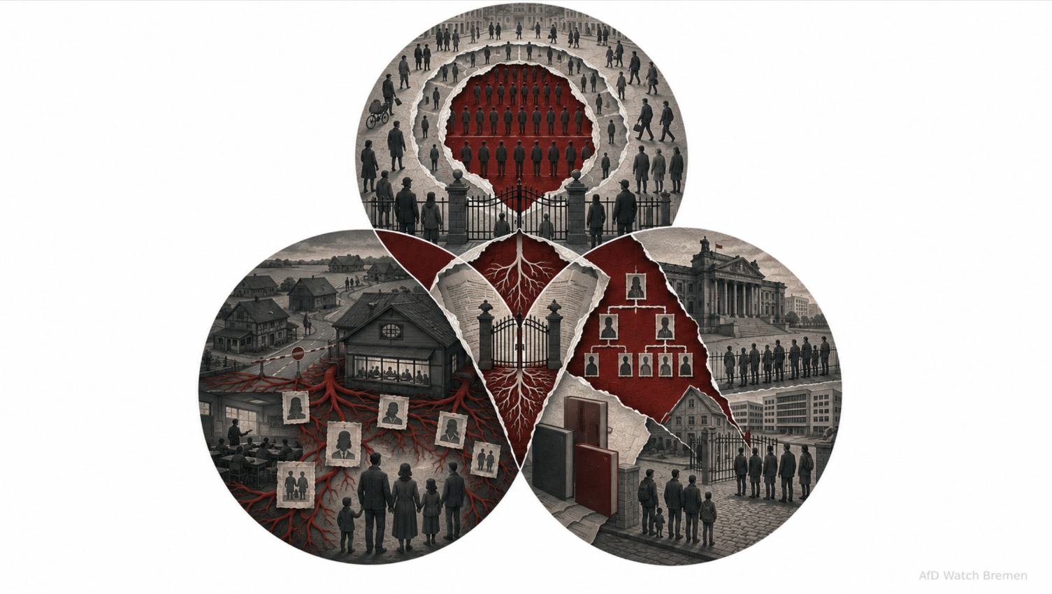 Symbolische Collage: Menschen hinter Abgrenzungen, ein Dorf mit Wurzeln und Familienbildern sowie ein Stammbaum vor staatlichen Gebäuden.