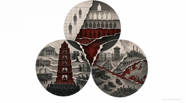 Symbolische Illustration zur NS-Ideologie: rassistische Hierarchien, autoritäre Herrschaft, Verfolgung und Krieg in drei miteinander verbundenen Bildfeldern.