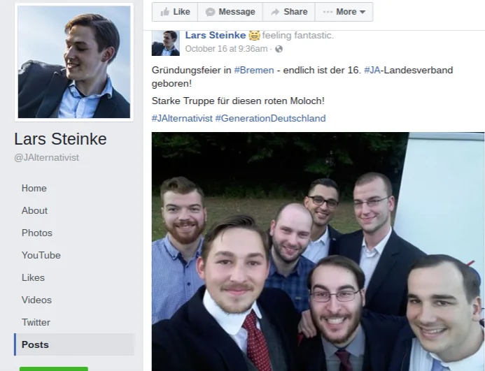 Archivierter Facebook-Beitrag von Lars Steinke mit Gruppenfoto zur Gründungsfeier der Jungen Alternative Bremen.