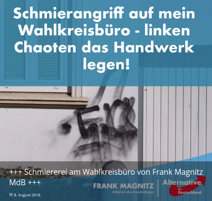 Screenshot der AfD-Veröffentlichung vom 8. August 2018: Graffiti an einer Hauswand und Magnitz’ Aufforderung zum Vorgehen gegen Linke.