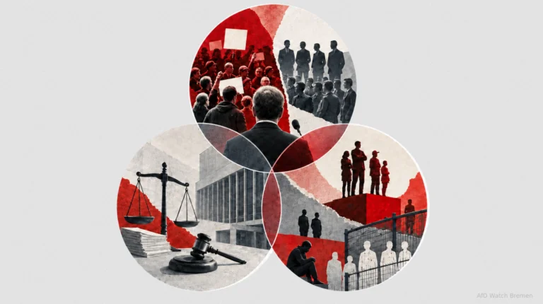 Symbolische Illustration mit drei überlappenden Bildfeldern: politische Mobilisierung, Justiz und die Ausgrenzung von Menschen.