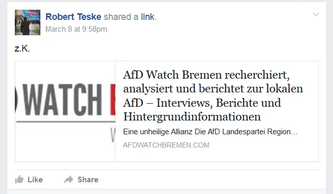 Robert Teske teilt auf Facebook einen Link zu AfD Watch Bremen; angezeigt wird der 8. März um 21:58 Uhr.
