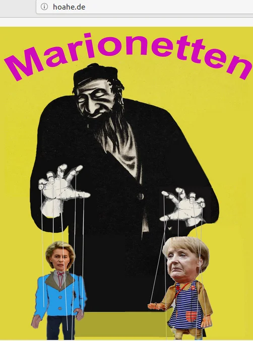 Gesicherte antisemitische Bildmontage auf hoahe.de: NS-Propagandafigur mit Politikerinnen als Marionetten.