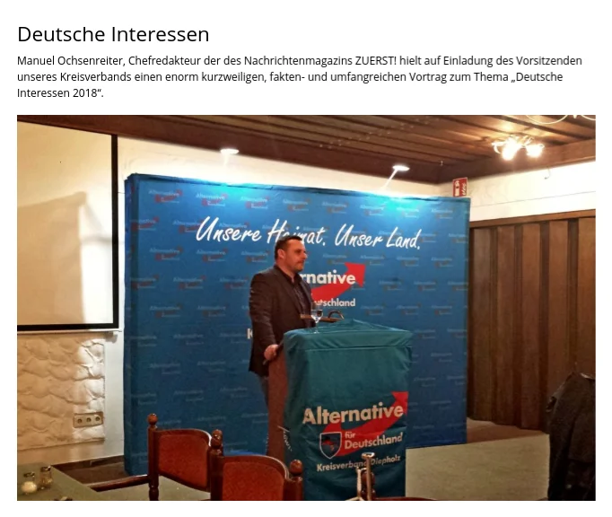 Archivierte Veranstaltungsdarstellung der AfD Diepholz mit Manuel Ochsenreiter am Rednerpult.
