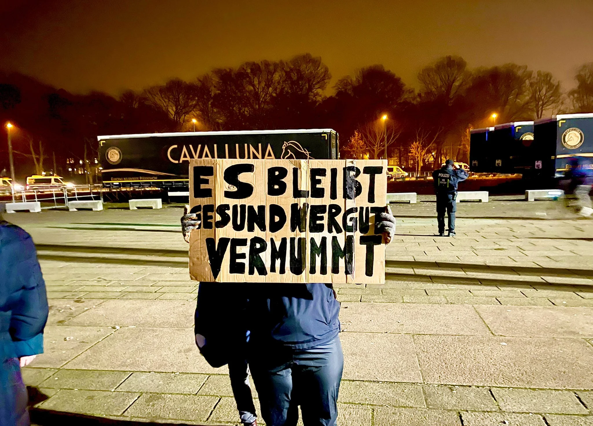 Eine Person hält ein Schild mit der Aufschrift „Es bleibt gesund wer gut vermummt“.