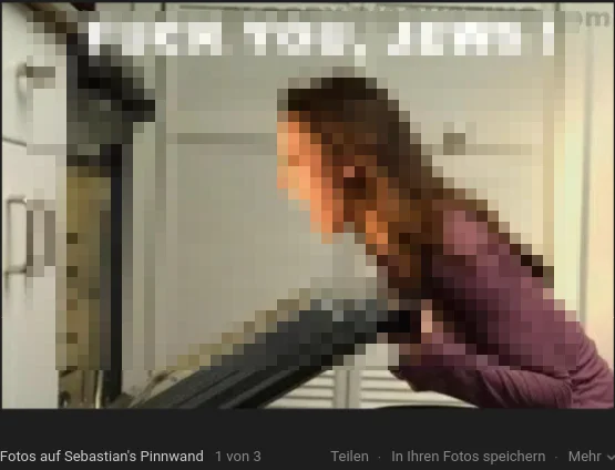 Bereits redaktionell verpixelter Screenshot eines antisemitischen Postings mit einer Frau vor einem geöffneten Backofen.