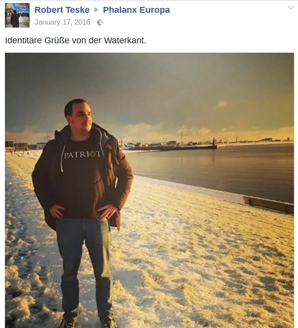 Screenshot eines Facebook-Beitrags mit Robert Teske am Wasser in Kleidung von Phalanx Europa.