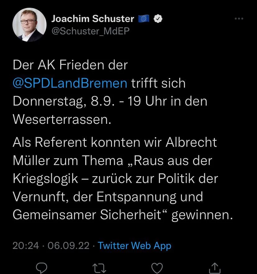 Screenshot von Joachim Schusters Tweet vom 6. September 2022: Ankündigung eines Treffens des Bremer SPD-Arbeitskreises Frieden mit Albrecht Müller am 8. September um 19 Uhr in den Weserterrassen.