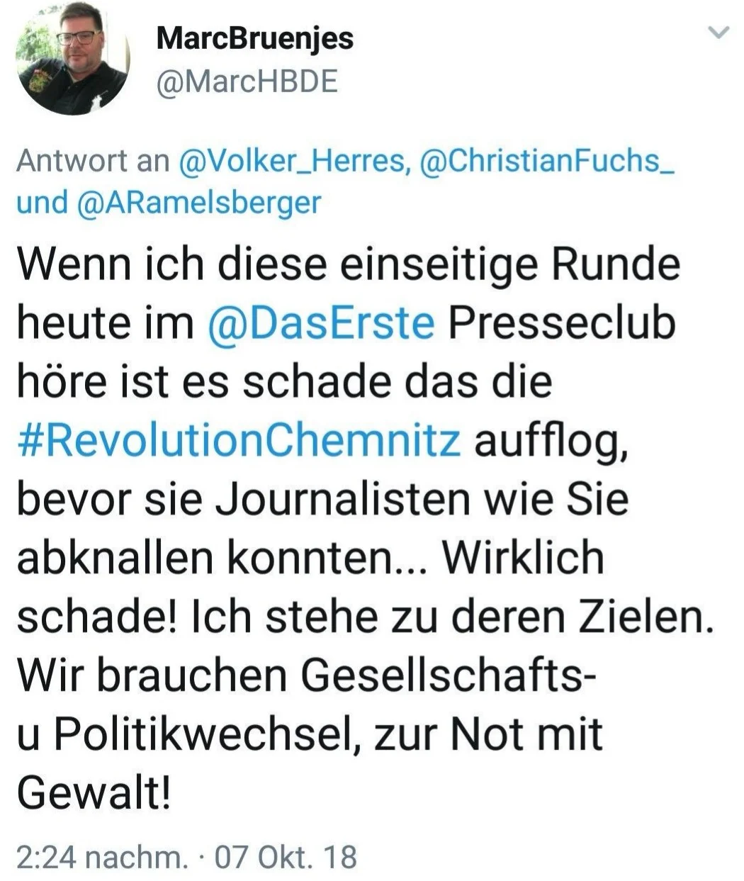 Twitter-Beitrag von MarcBruenjes, Konto @MarcHBDE, vom 7. Oktober 2018; Wortlaut im folgenden Abschnitt eingeordnet.