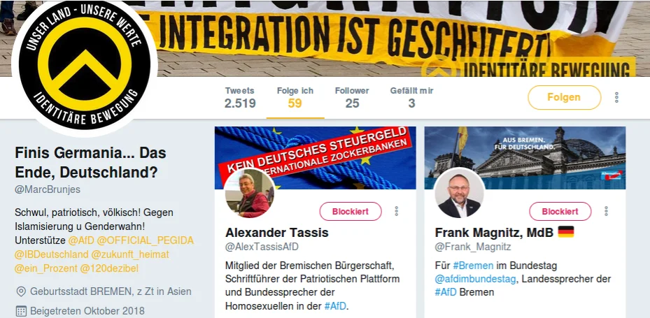 Archivcollage mit dem Profil @MarcBrunjes und dessen Unterstützerliste; rechts Profilansichten von Alexander Tassis und Frank Magnitz.