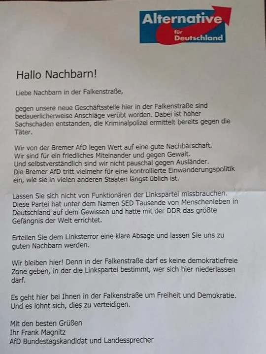 AfD-Flugblatt „Hallo Nachbarn!“, unterzeichnet von Frank Magnitz. Die Aussagen werden im zugehörigen Text wiedergegeben.