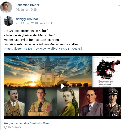 Archivierter Screenshot aus Brandts VK-Profil mit Bezugnahmen auf den Nationalsozialismus; Hakenkreuze sind bereits unkenntlich gemacht.