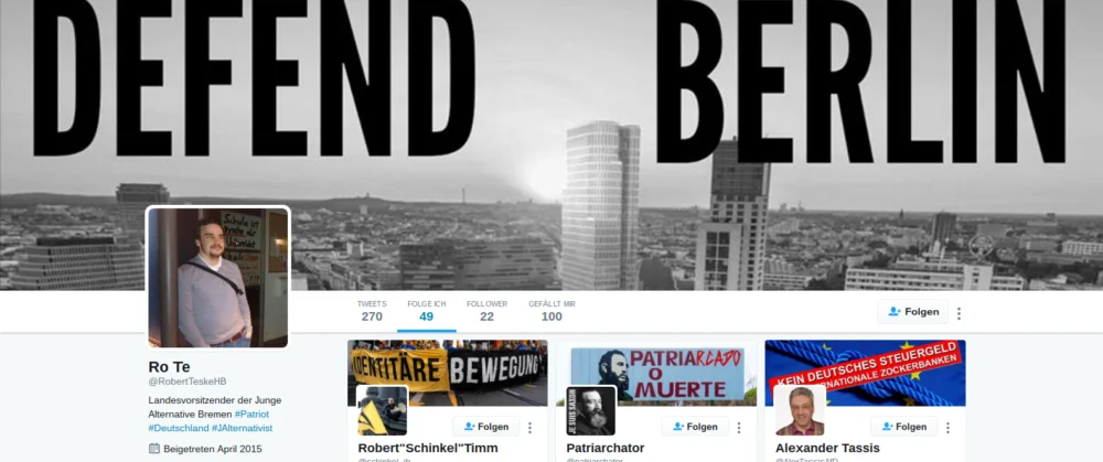Historische Ansicht von Robert Teskes Twitter-Profil mit identitärer Bildsprache und gefolgten Konten.