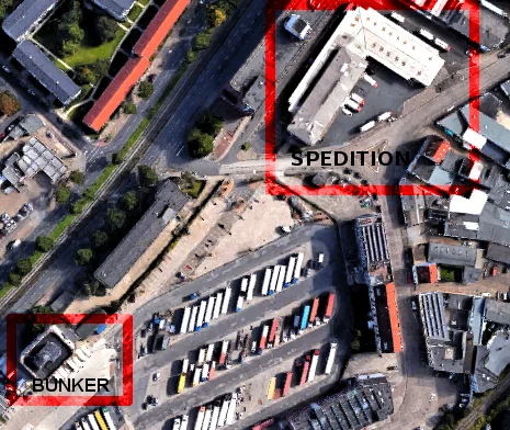 Historische Luftbildkarte mit markiertem Zuckerwerk-Bunker und markiertem Speditionsgelände Drewes.