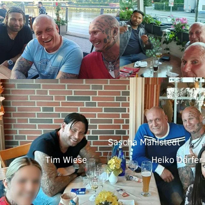 Drei Fotos an Tischen; das untere Foto ist mit den Namen Tim Wiese, Sascha Mahlstedt und Heiko Dörfer beschriftet.